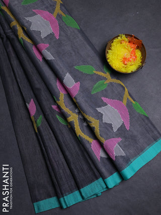 Grey & Teal Green Jamdani Silk Cotton Saree