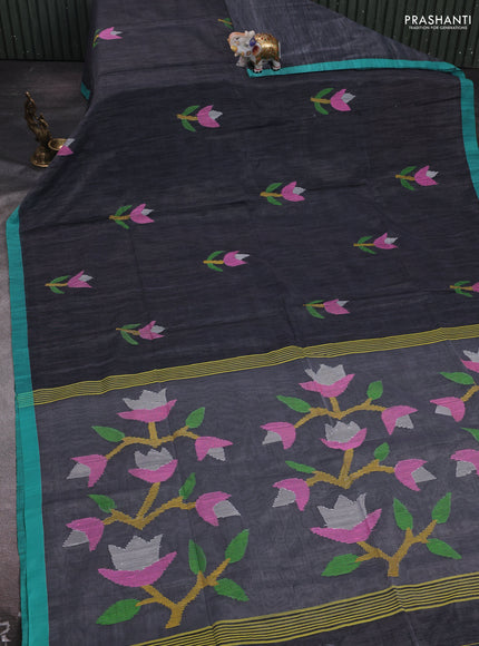 Grey & Teal Green Jamdani Silk Cotton Saree