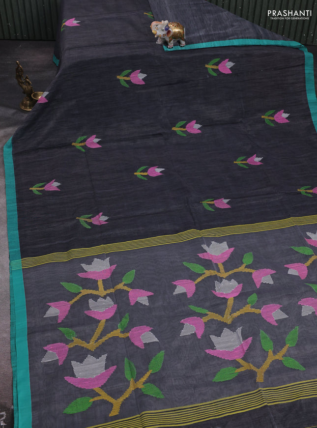 Grey & Teal Green Jamdani Silk Cotton Saree