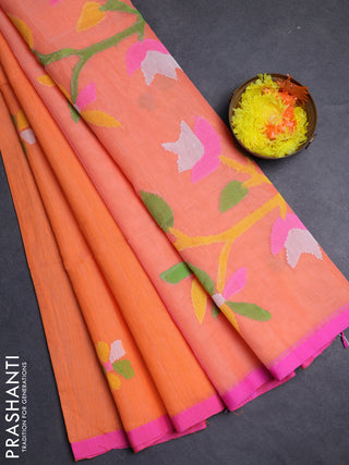 Peach Orange & Pink Jamdani Silk Cotton Saree