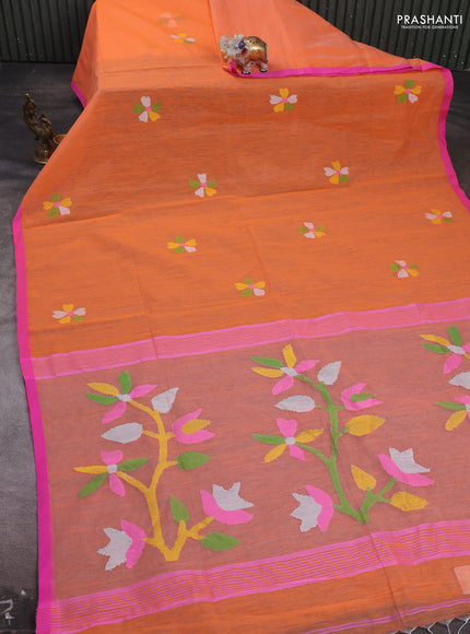 Peach Orange & Pink Jamdani Silk Cotton Saree