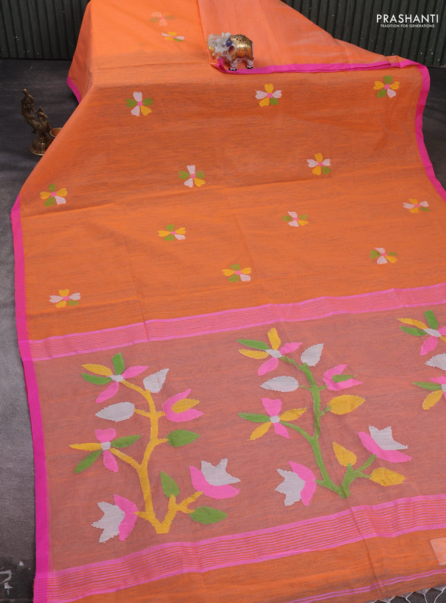 Peach Orange & Pink Jamdani Silk Cotton Saree