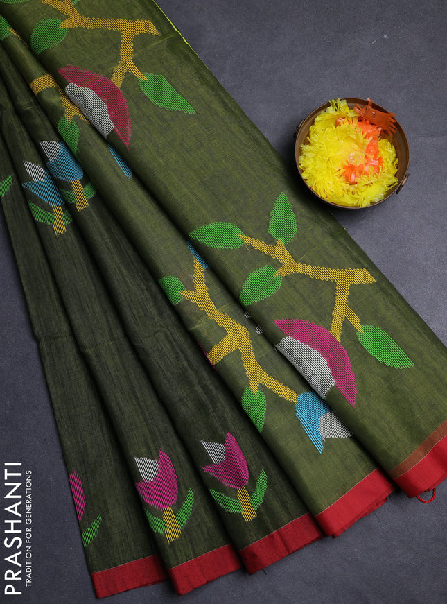 Sap Green & Maroon Jamdani Silk Cotton Saree
