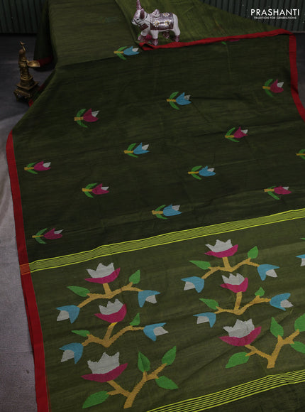 Sap Green & Maroon Jamdani Silk Cotton Saree