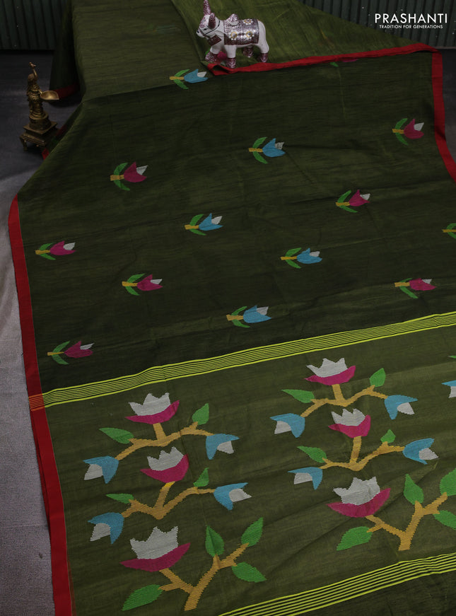 Sap Green & Maroon Jamdani Silk Cotton Saree