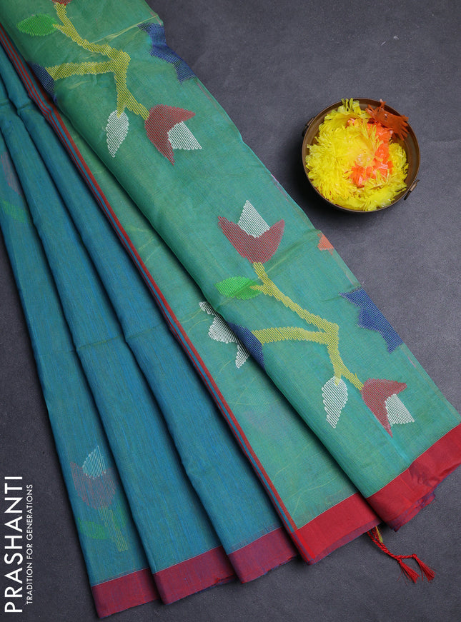 Cs Blue & Red Jamdani Silk Cotton Saree