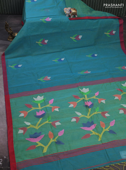 Cs Blue & Red Jamdani Silk Cotton Saree