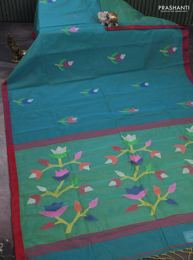 Cs Blue & Red Jamdani Silk Cotton Saree