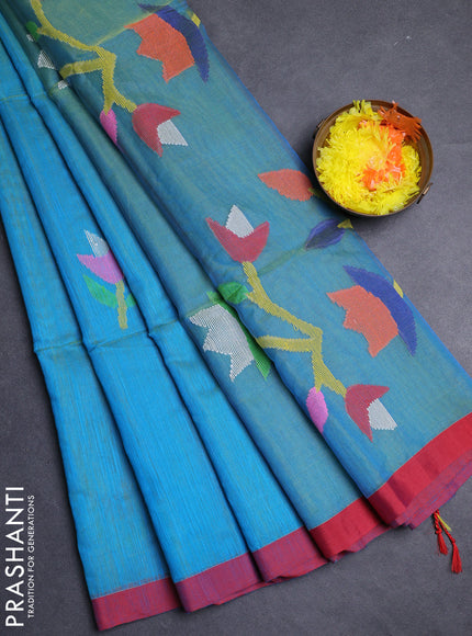 Cs Blue & Red Jamdani Silk Cotton Saree