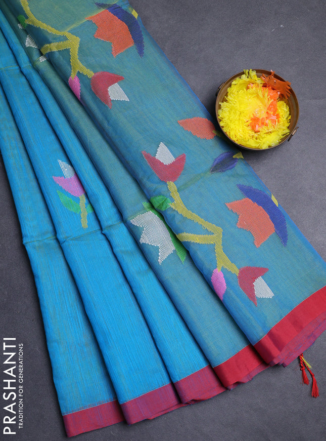 Cs Blue & Red Jamdani Silk Cotton Saree