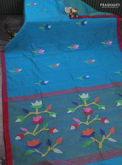 Cs Blue & Red Jamdani Silk Cotton Saree