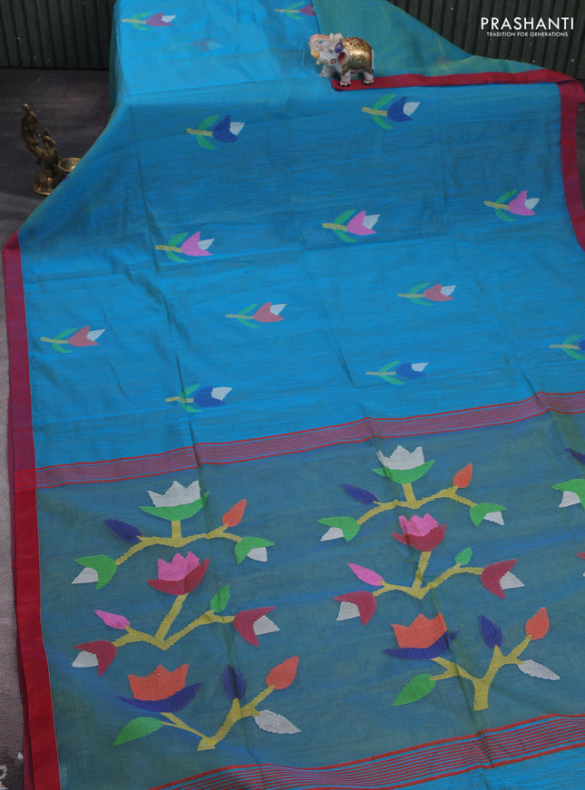 Cs Blue & Red Jamdani Silk Cotton Saree