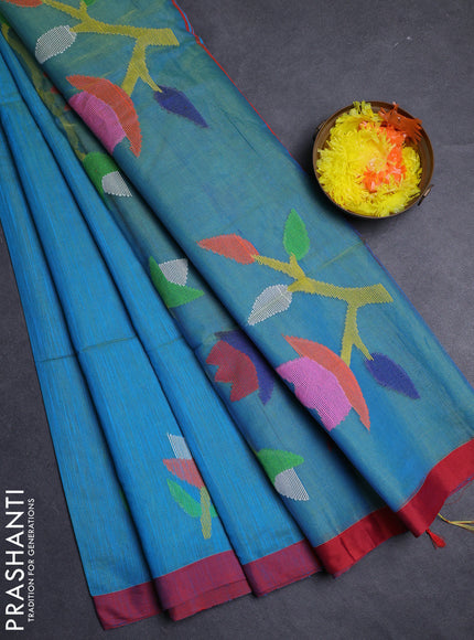 Cs Blue & Red Jamdani Silk Cotton Saree