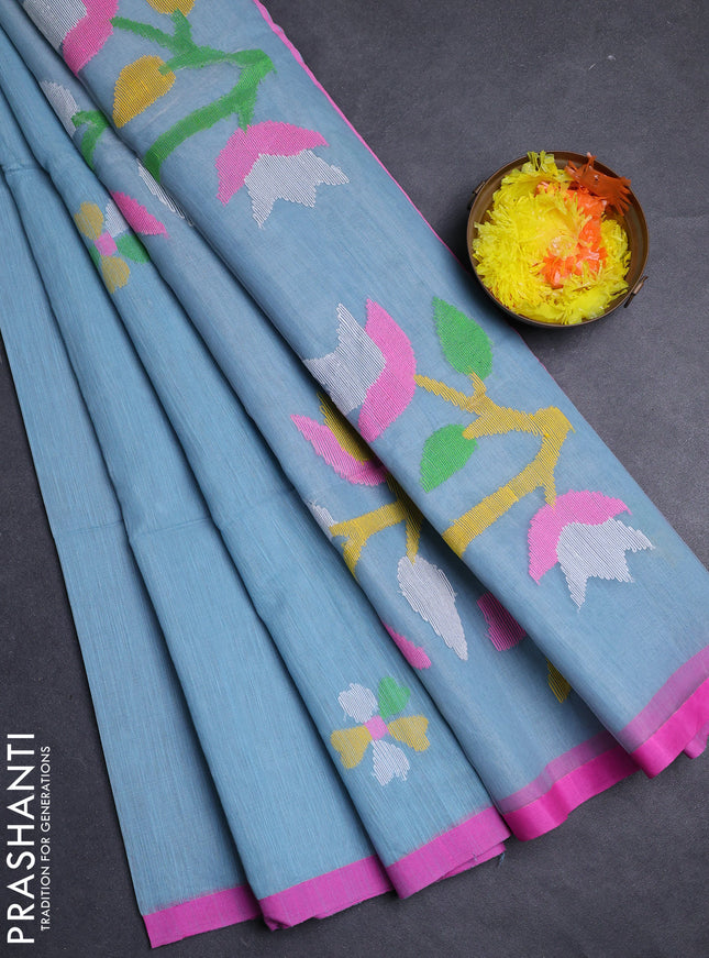 Pastel Blue & Pink Jamdani Silk Cotton Saree