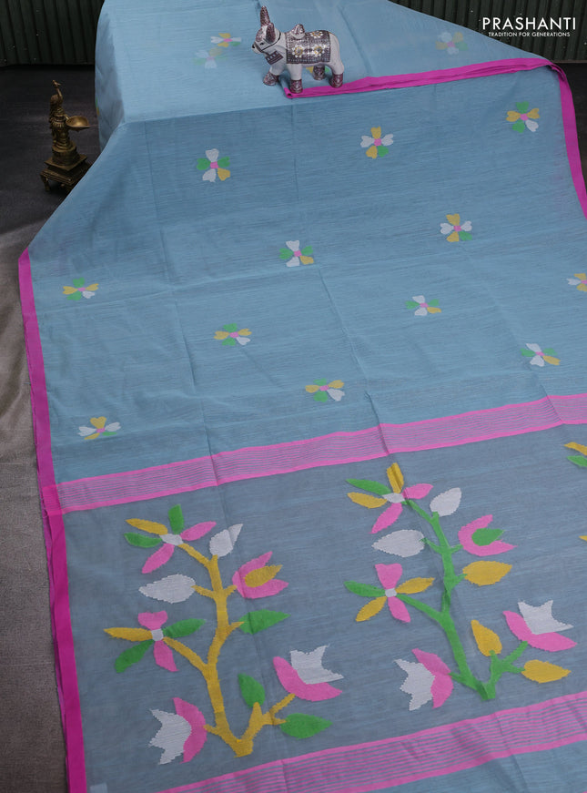 Pastel Blue & Pink Jamdani Silk Cotton Saree