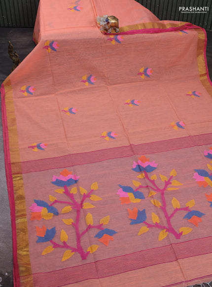 Peach & Pink Jamdani Silk Cotton Saree