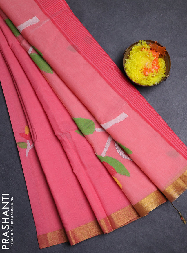 Peach Jamdani Silk Cotton Saree