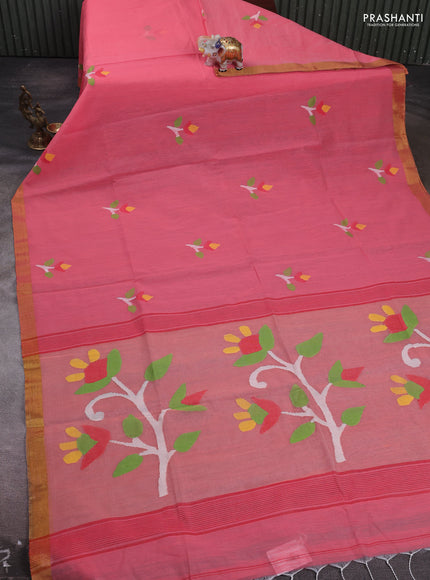 Peach Jamdani Silk Cotton Saree