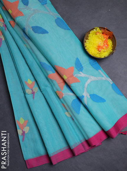 Teal Green & Pink Jamdani Silk Cotton Saree