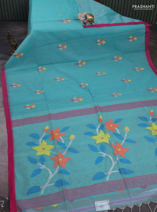 Teal Green & Pink Jamdani Silk Cotton Saree