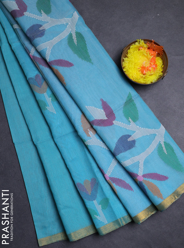 Teal Blue Jamdani Silk Cotton Saree