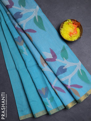 Teal Blue Jamdani Silk Cotton Saree