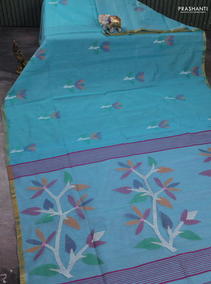 Teal Blue Jamdani Silk Cotton Saree