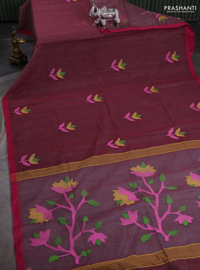 Maroon & Pink Jamdani Silk Cotton Saree