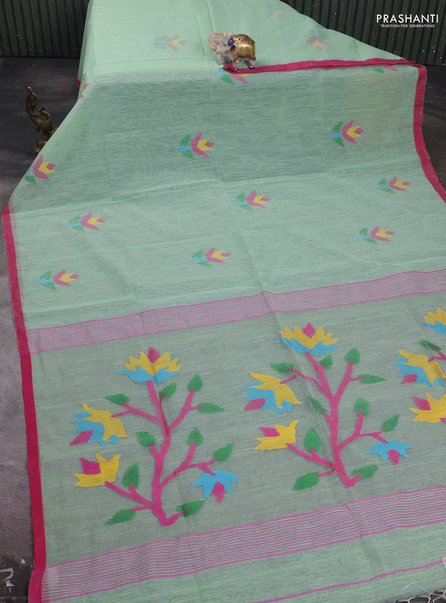 Pastel Green & Pink Jamdani Silk Cotton Saree