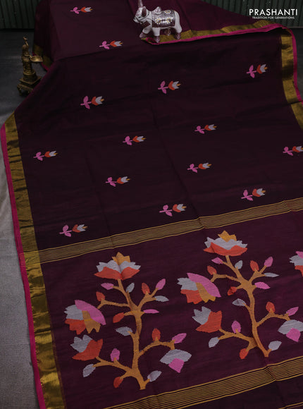 Wine & Pink Jamdani Silk Cotton Saree