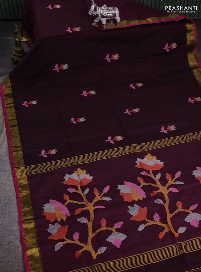 Wine & Pink Jamdani Silk Cotton Saree