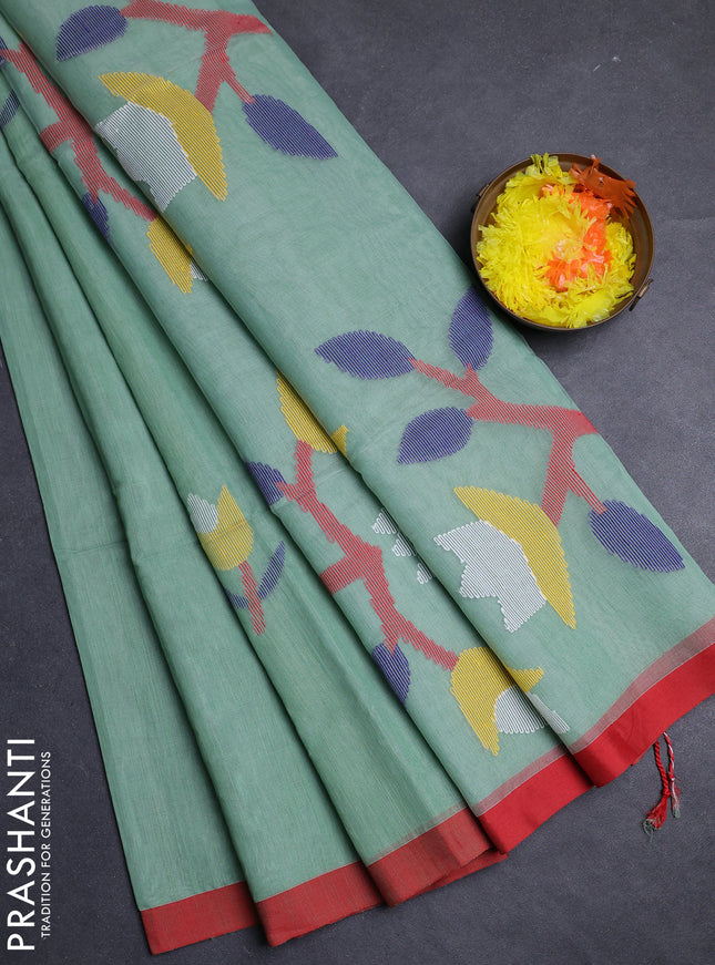 Pastel Green & Red Jamdani Silk Cotton Saree