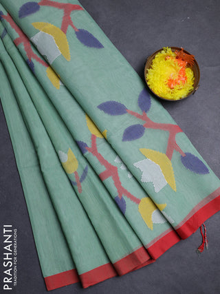 Pastel Green & Red Jamdani Silk Cotton Saree