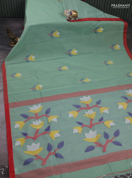 Pastel Green & Red Jamdani Silk Cotton Saree