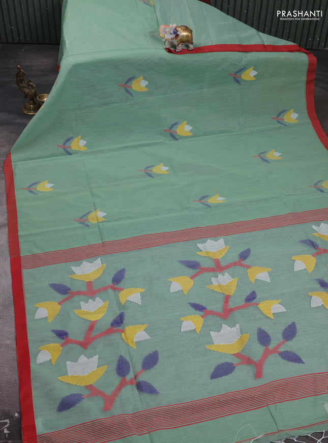 Pastel Green & Red Jamdani Silk Cotton Saree