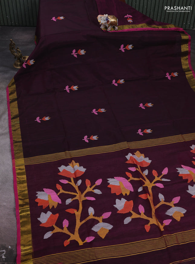 Wine & Pink Jamdani Silk Cotton Saree