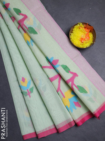 Pista Green & Pink Jamdani Silk Cotton Saree