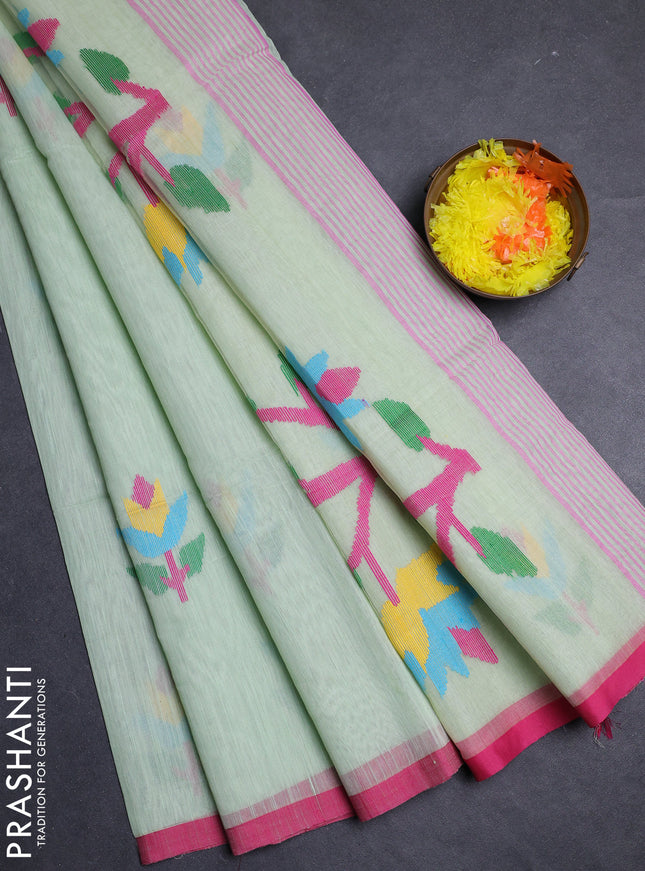 Pista Green & Pink Jamdani Silk Cotton Saree