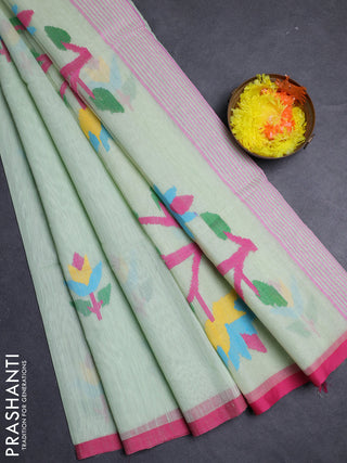 Pista Green & Pink Jamdani Silk Cotton Saree