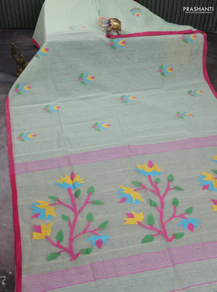Pista Green & Pink Jamdani Silk Cotton Saree