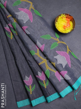 Grey & Teal Green Jamdani Silk Cotton Saree
