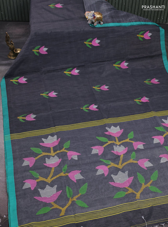 Grey & Teal Green Jamdani Silk Cotton Saree