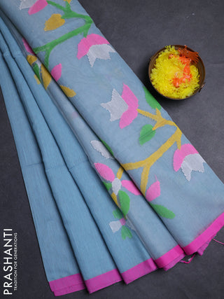 Teal Blue & Pink Jamdani Silk Cotton Saree