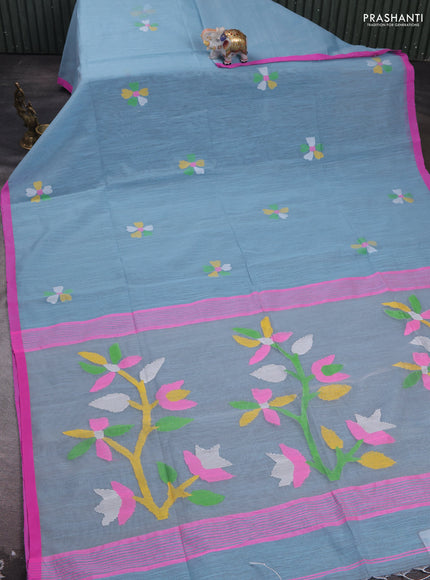 Teal Blue & Pink Jamdani Silk Cotton Saree