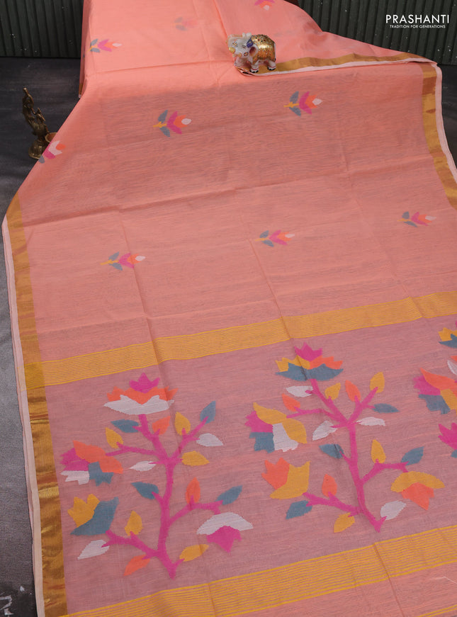 Peach Jamdani Silk Cotton Saree