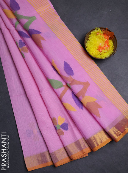 Pink & Mustard Yellow Jamdani Silk Cotton Saree