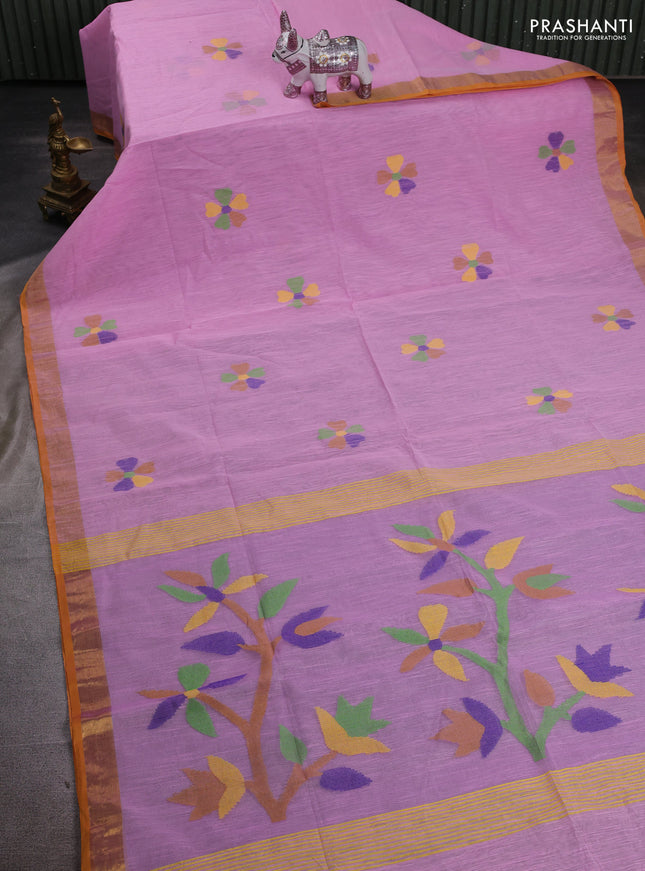 Pink & Mustard Yellow Jamdani Silk Cotton Saree
