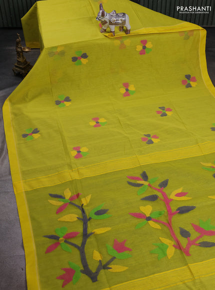 Lime Yellow Jamdani Silk Cotton Saree