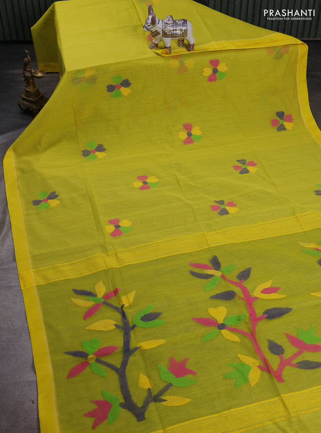 Lime Yellow Jamdani Silk Cotton Saree