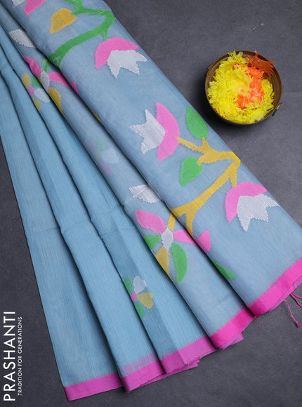 Teal Blue & Pink Jamdani Silk Cotton Saree